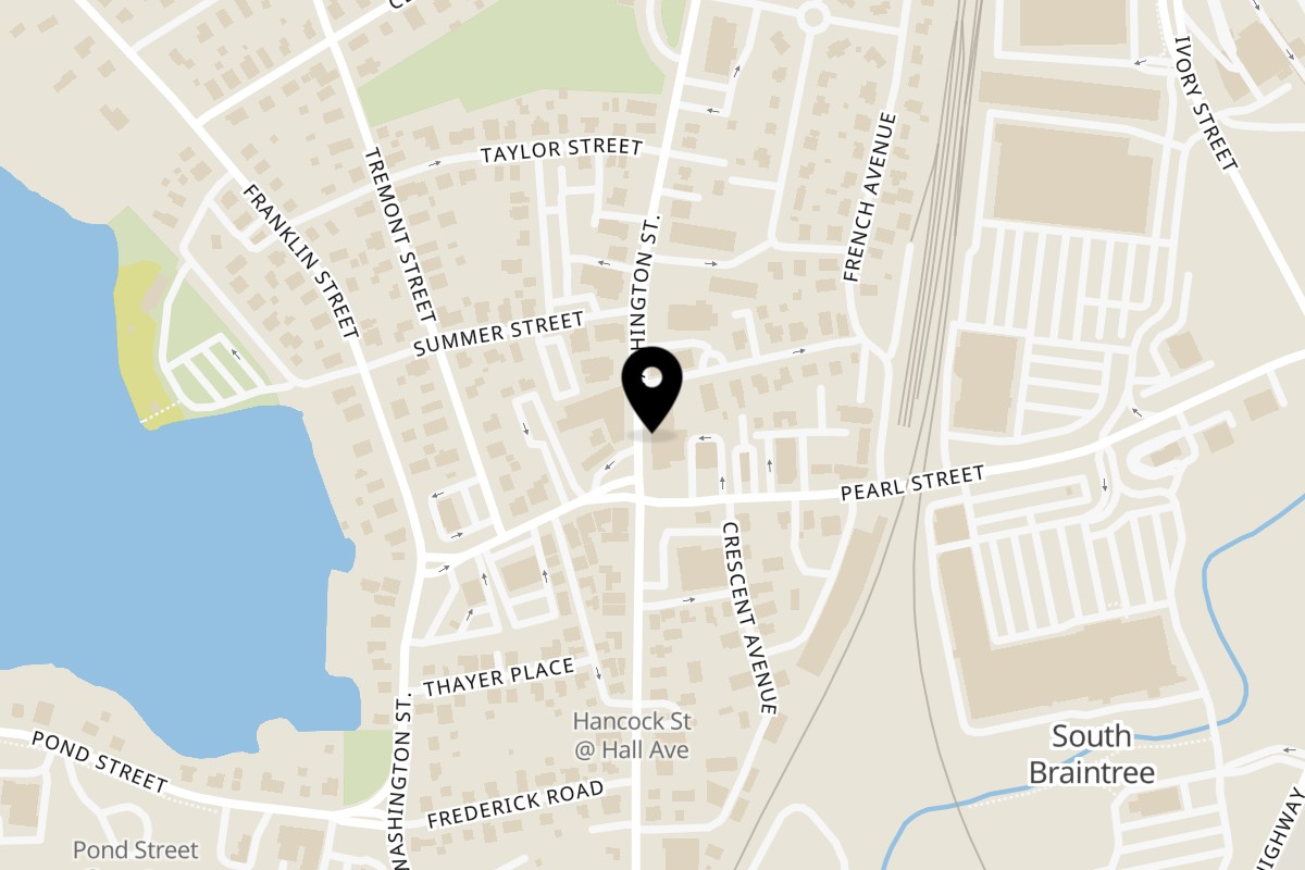 Map showing the location of Ashley's Restaurant on 916 Washington St in Braintree